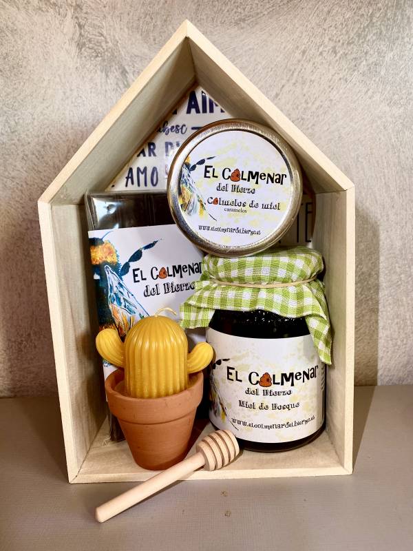 caja casita con miel de bosque, tableta de chocolate, caramelos de miel, vela con forma de cactus, palito mielero