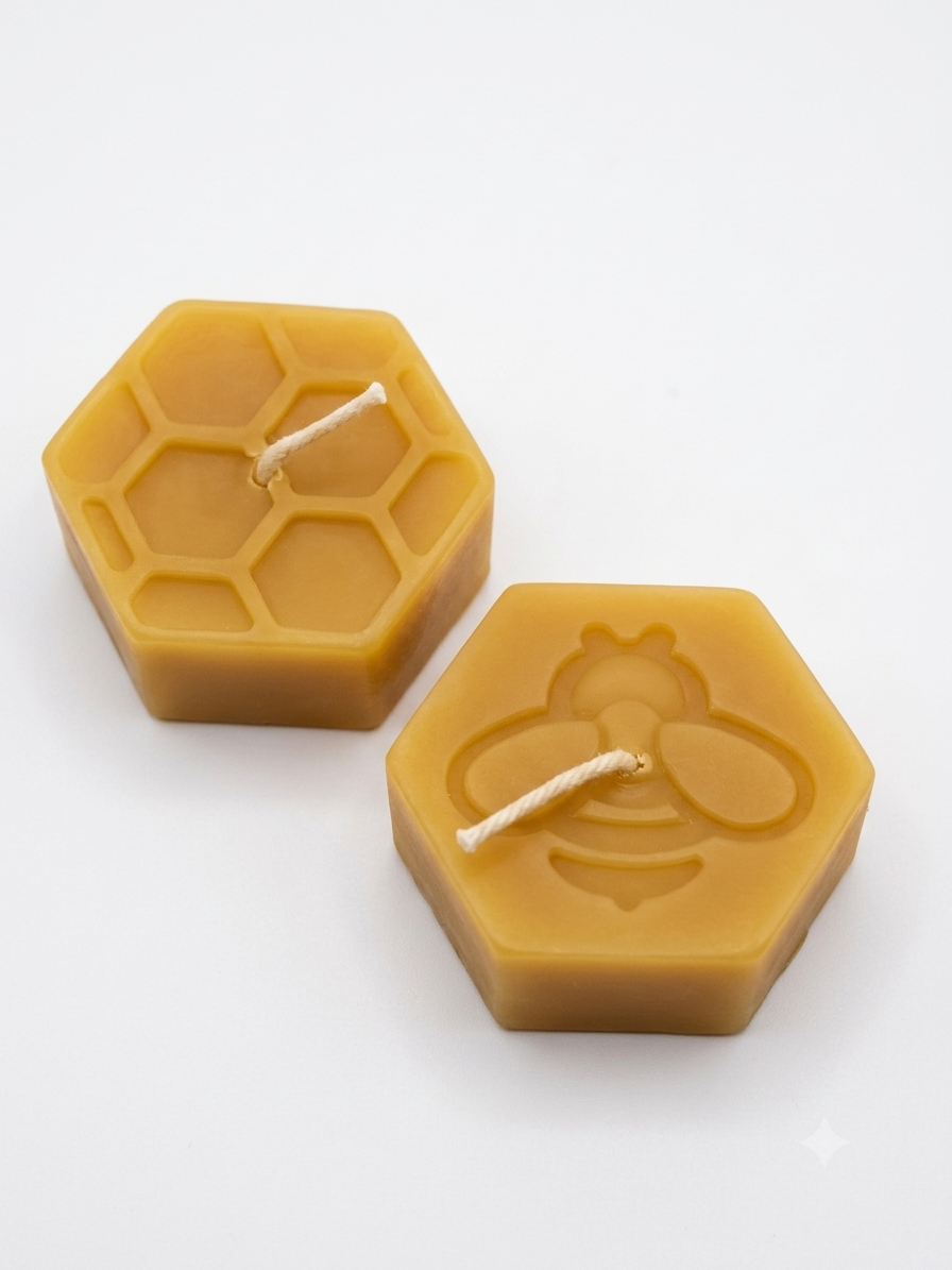 vela de te, dos velas de cera de abeja con forma hexagonal